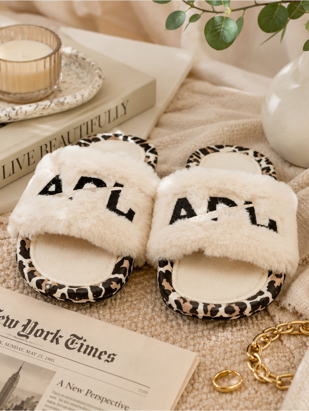 APL Women's Shearling Slide in Parchment/Leopard